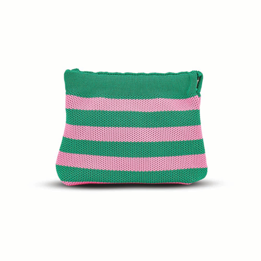 Green and pink striped pouch on a white background