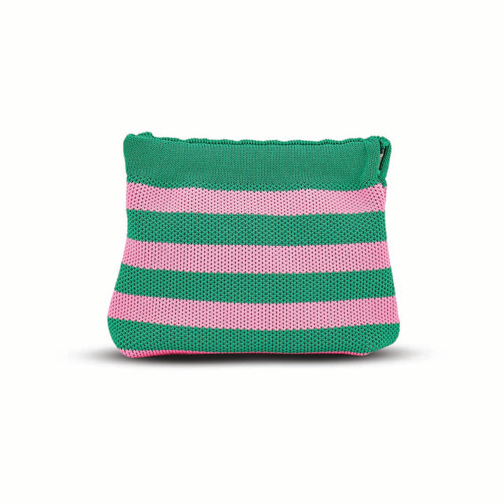 Green and pink striped pouch on a white background