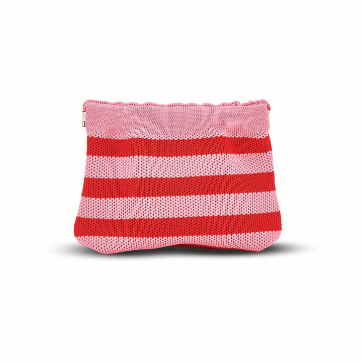 Pink and red striped pouch on a white background