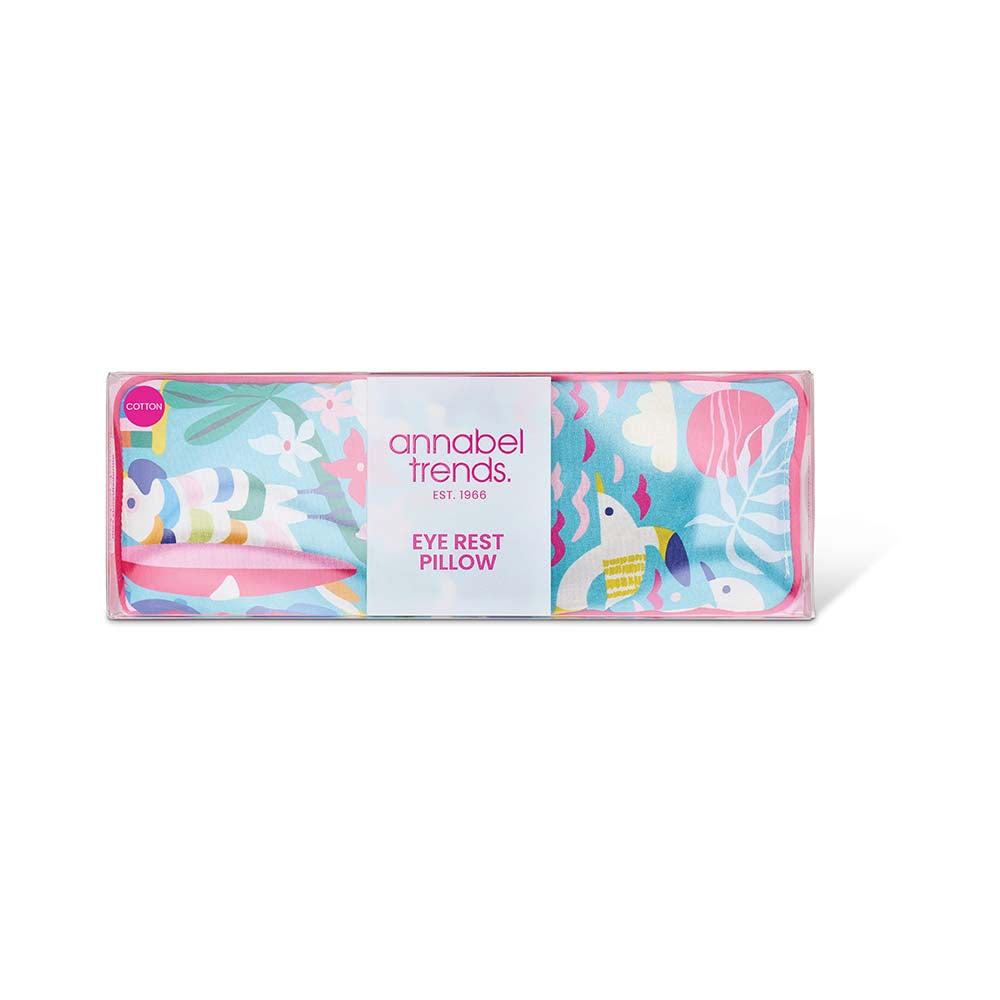 Packaged eye rest pillow with colorful design and 'annabel Trends' branding on a white background