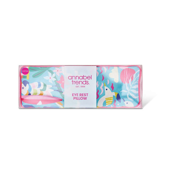 Packaged eye rest pillow with colorful design and 'annabel Trends' branding on a white background