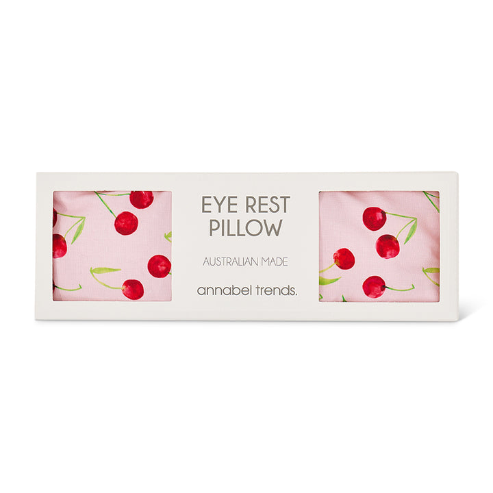 Eye rest pillow packaging with cherry design on a white background