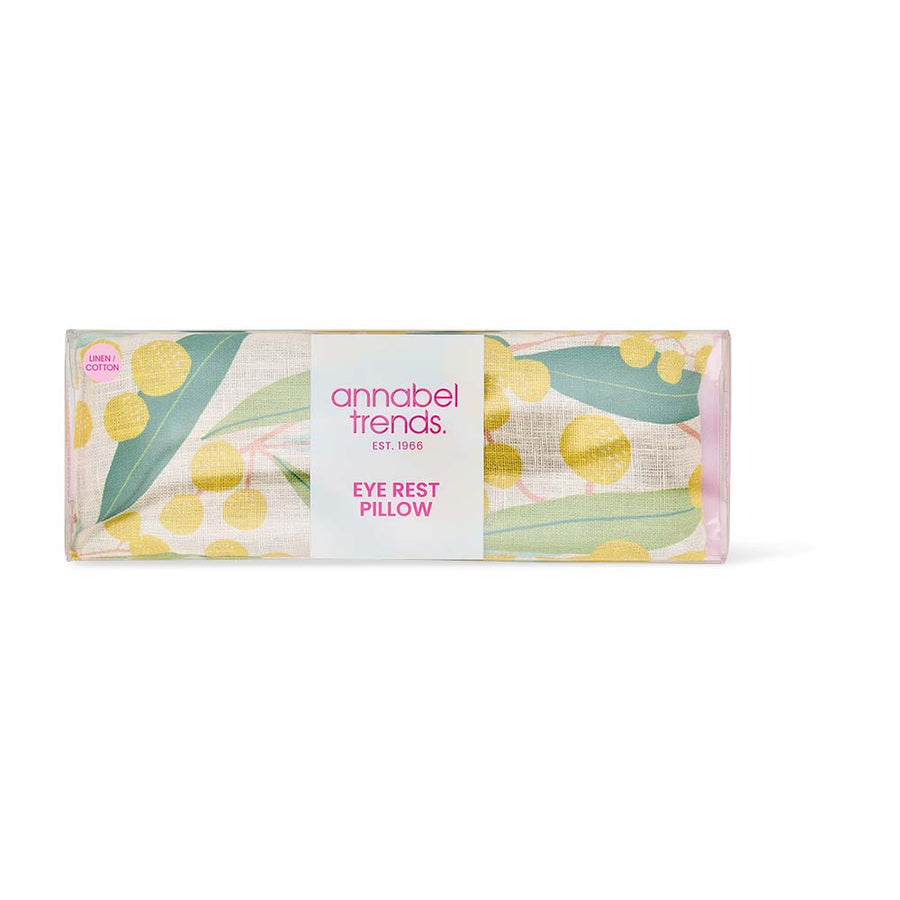 Packaged eye rest pillow with floral design and 'annabel trends' branding on a white background
