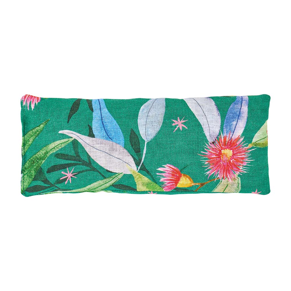 Fabric cosmetic bag with floral design on a green background