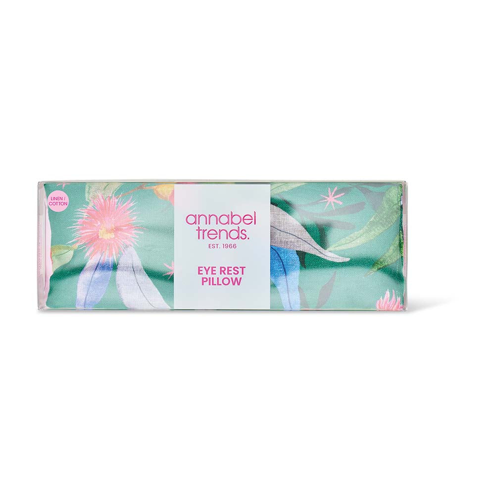 Annabel Trends eye rest pillow packaging with floral design on a white background