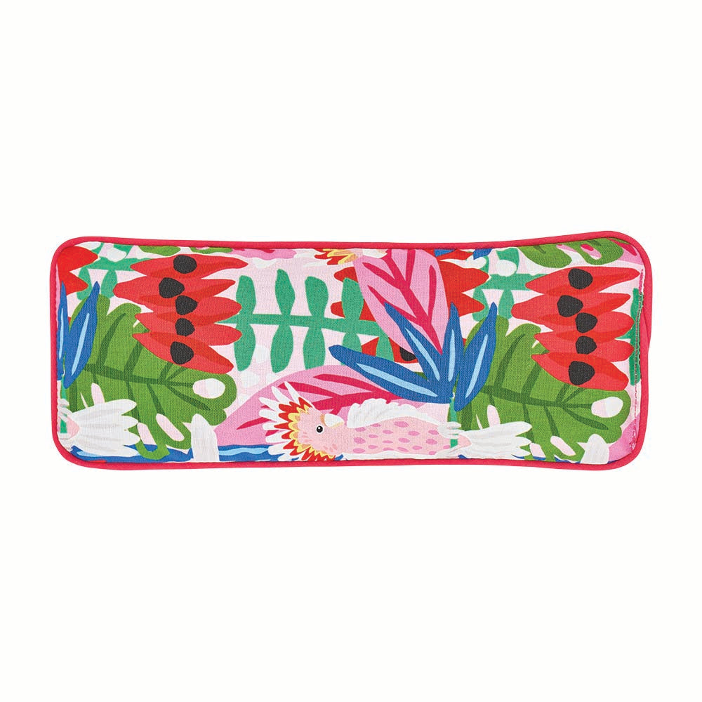 Colorful rectangular pouch with tropical leaf pattern on a white background