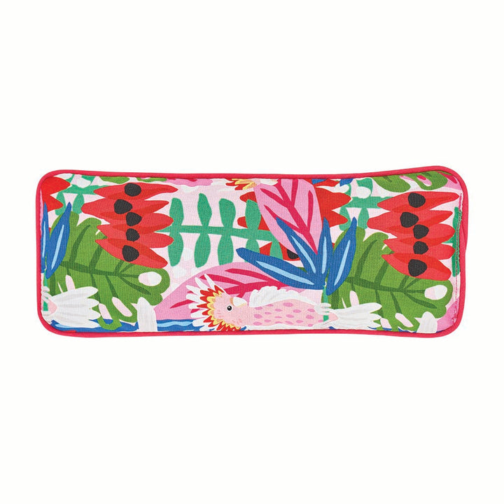 Colorful rectangular pouch with tropical leaf pattern on a white background