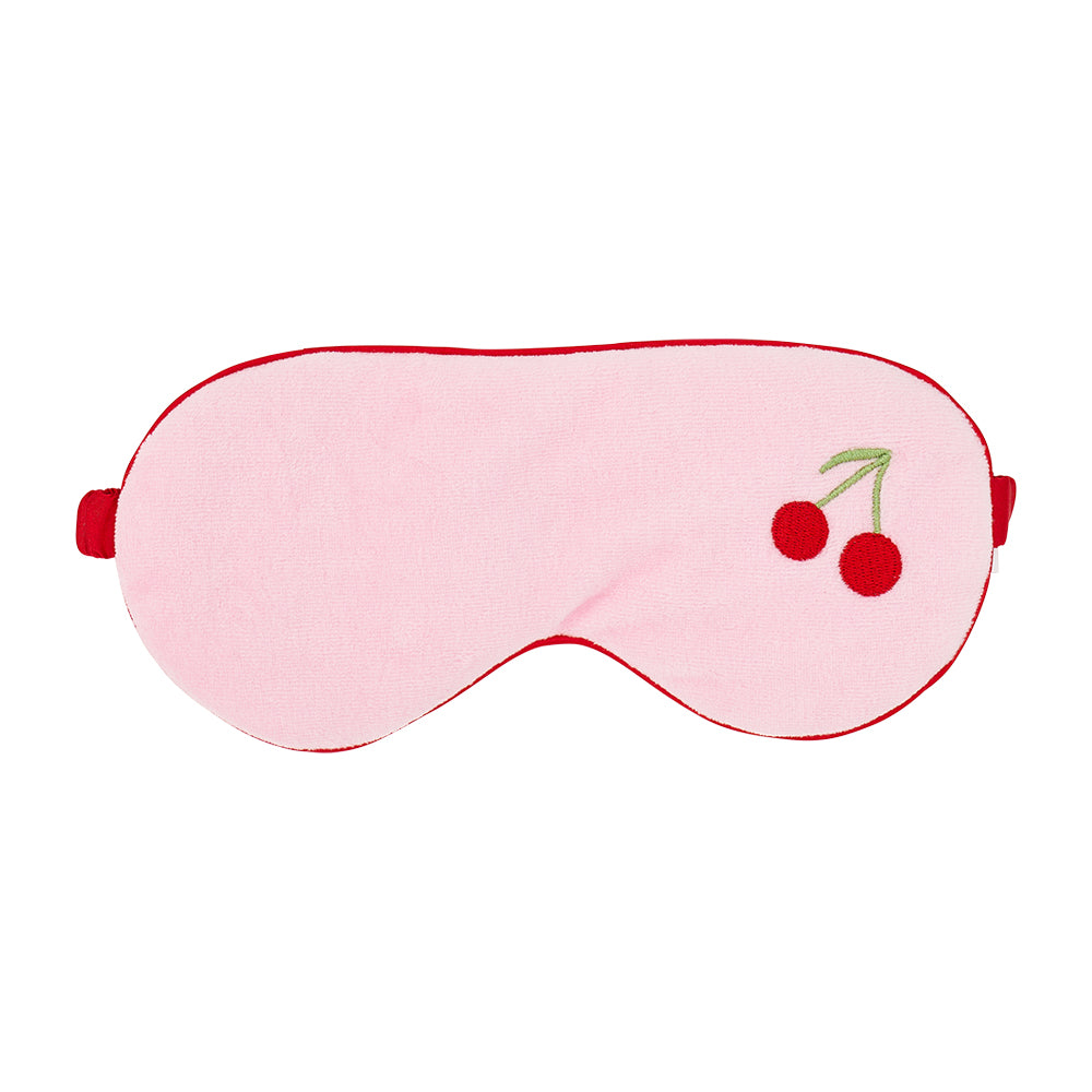 pink cosy luxe sleep mask with cherry embroidery