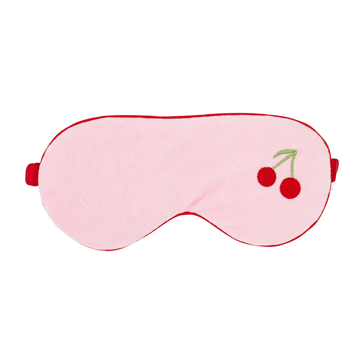 pink cosy luxe sleep mask with cherry embroidery