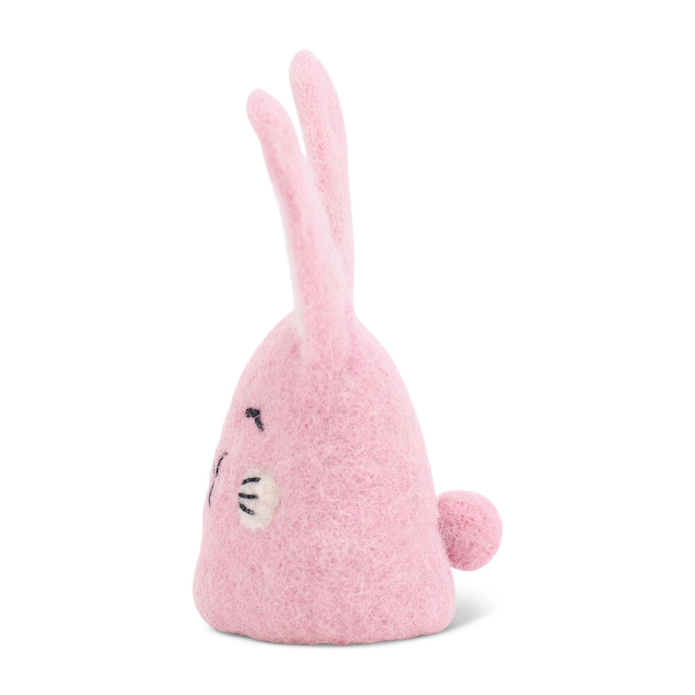 pink felt egg warmer with pink ears and cheeks on a white background