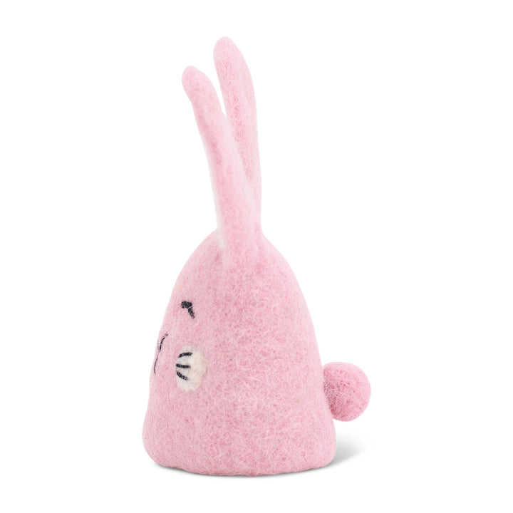 pink felt egg warmer with pink ears and cheeks on a white background