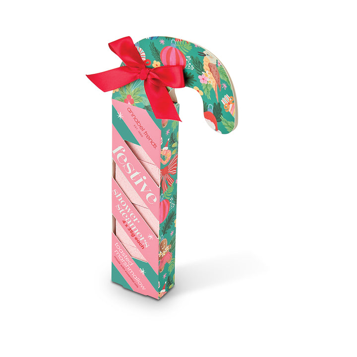 Candy cane-shaped gift box with festive design and red ribbon on a white background