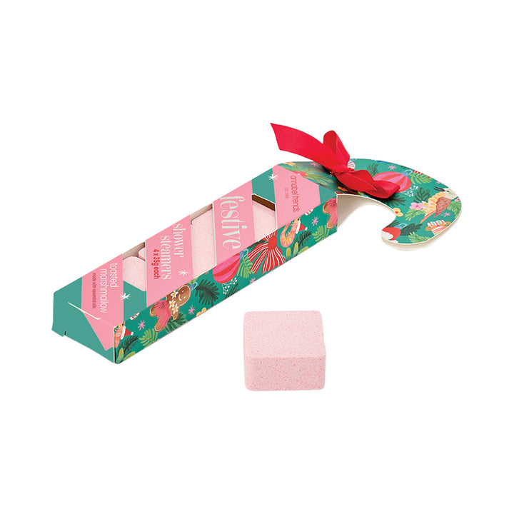 Candy cane-shaped box with a pink square product inside on a white background