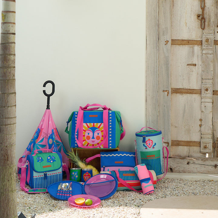 Annabel Trends fiesta picnic range, cutlery set, picnic bags, lunch bag, picnic mat, beach pouch, sand free beach towel, tumblers and reverse umbrella