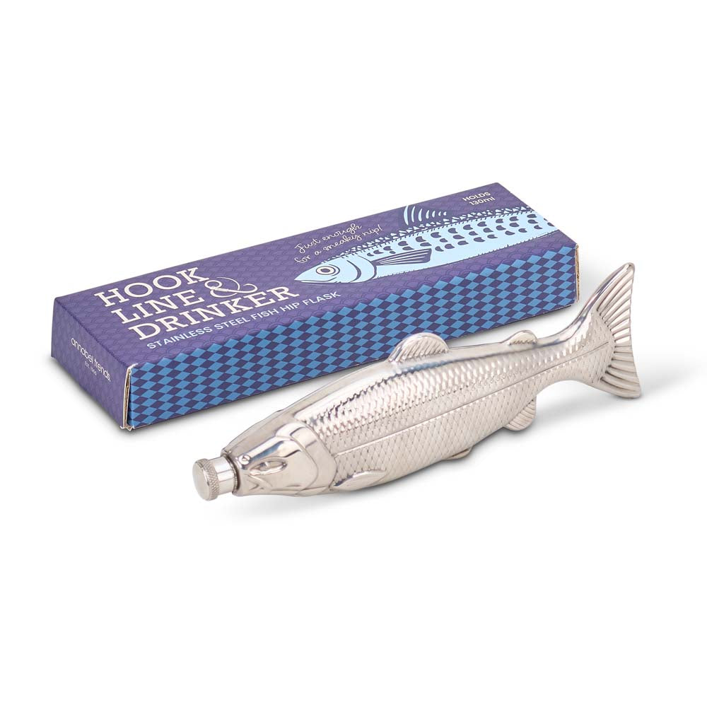 Fish-shaped hip flask with packaging labeled 'Hook Line & Drinks' on a white background