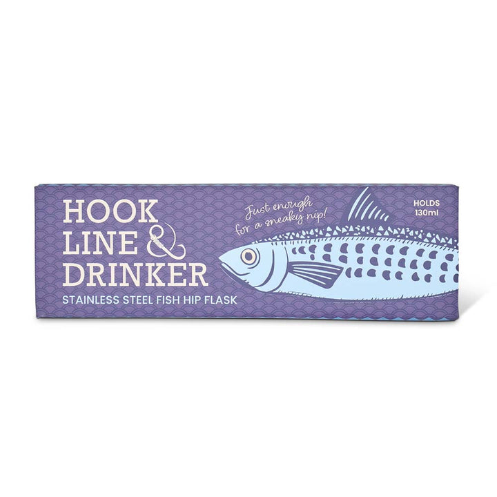 Flask packaging with fish illustration and text on a white background