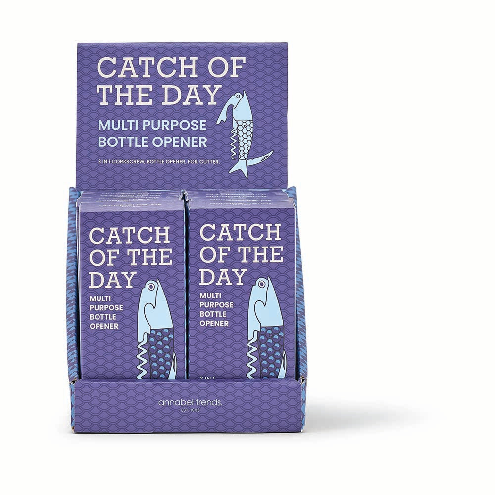 Display CDU of 'Catch of the Day' multi-purpose bottle openers with blue packaging.