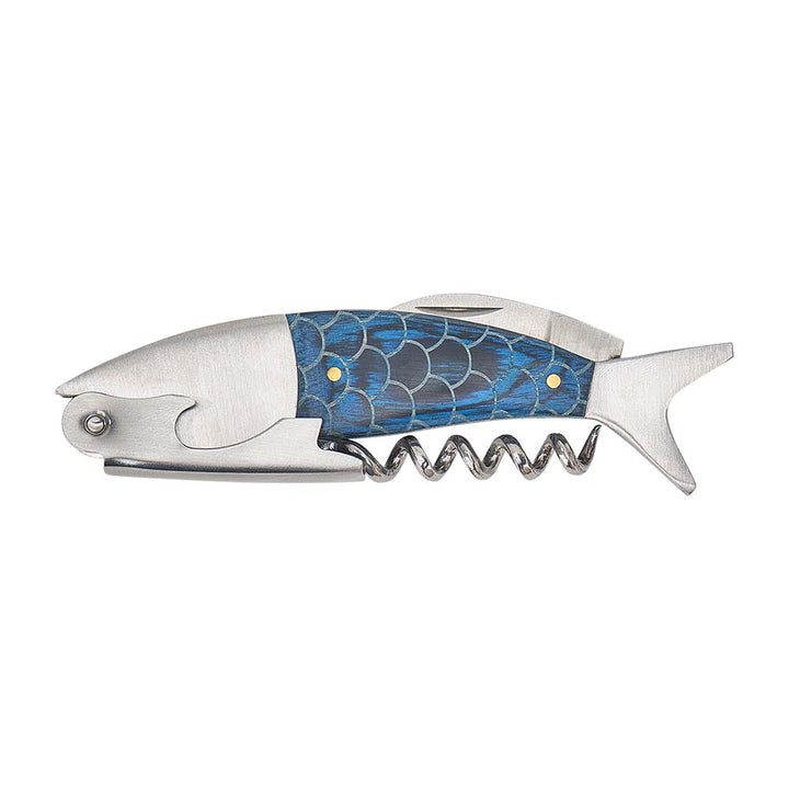 Fish-shaped corkscrew with blue pattern on a white background