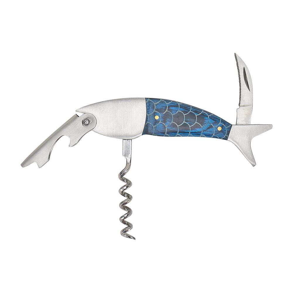 Corkscrew shaped like a fish with a blue pattern on a white background