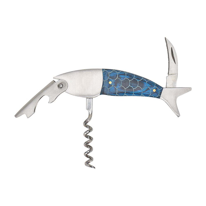 Corkscrew shaped like a fish with a blue pattern on a white background