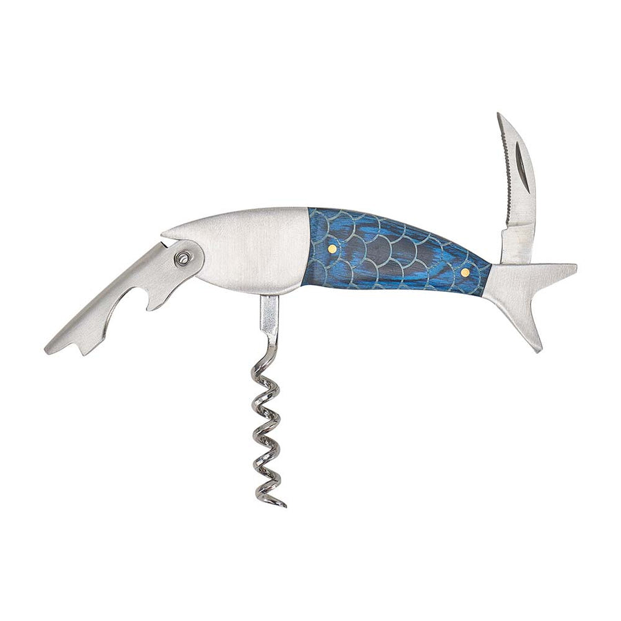 Corkscrew shaped like a fish with a blue pattern on a white background
