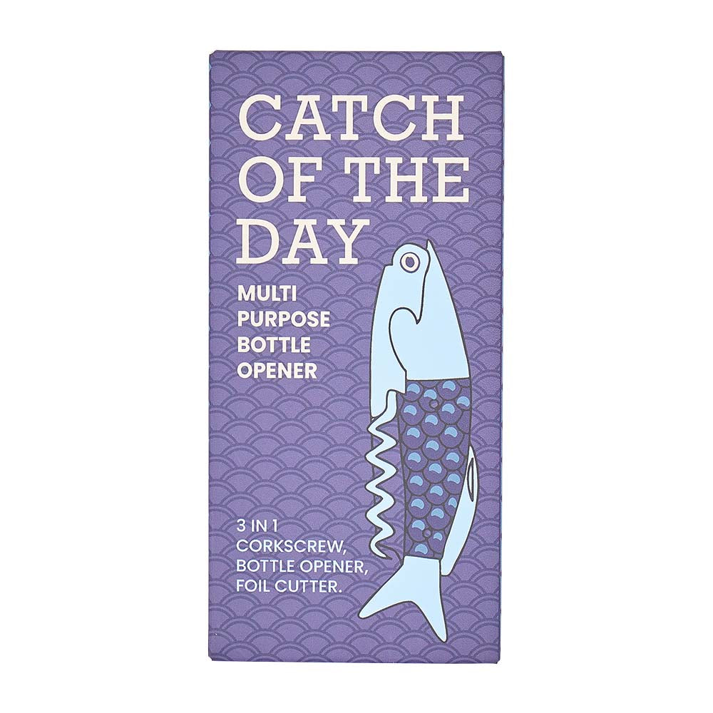 Multifunctional bottle opener with fish design on a purple background