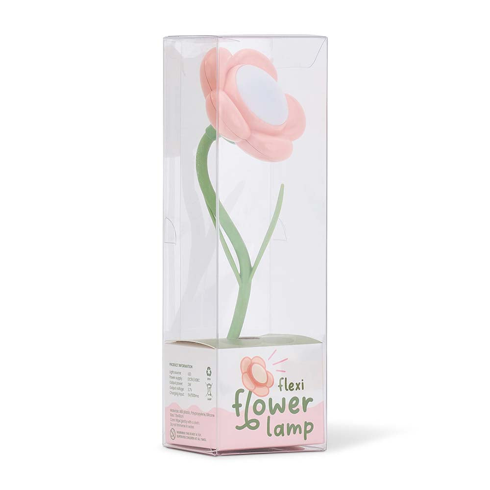 Box packaging of a flexi flower lamp with a pink flower design on a white background