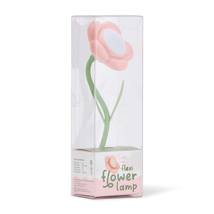 Box packaging of a flexi flower lamp with a pink flower design on a white background