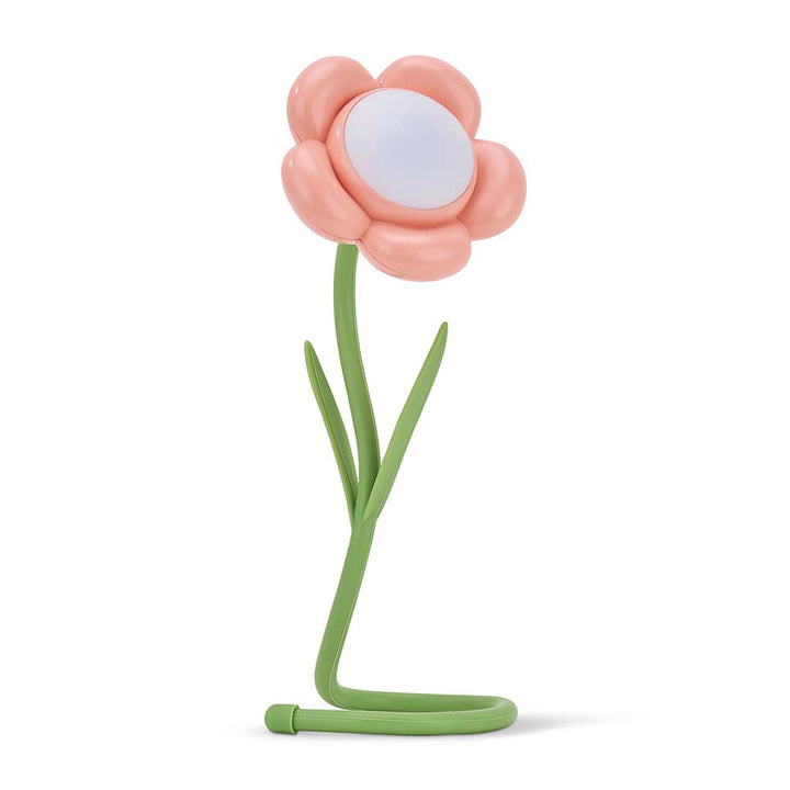 Flower-shaped mirror with pink petals and green stem on a white background
