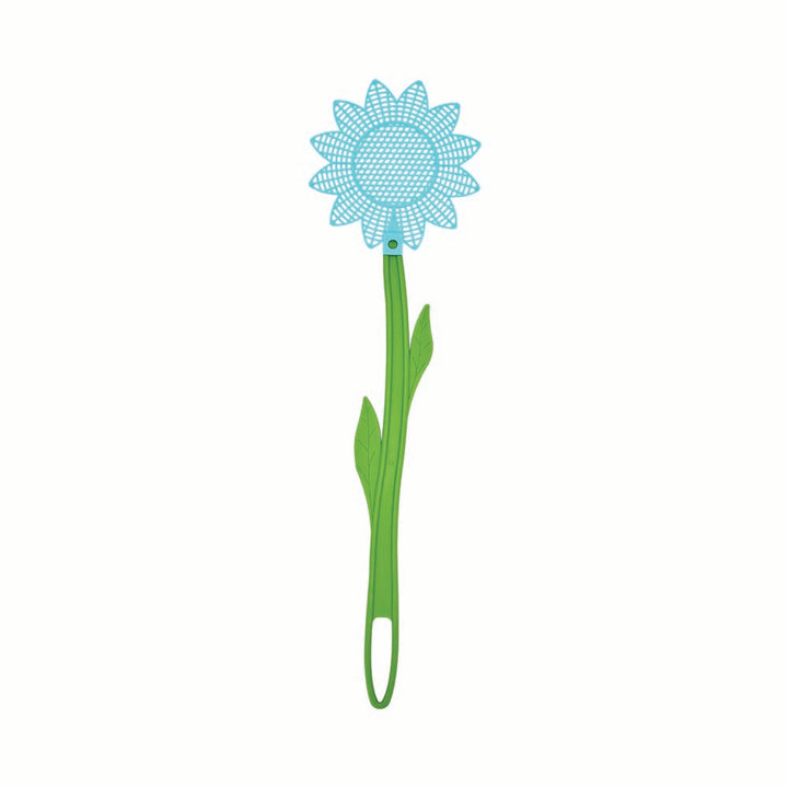 Light blue flower fly swatter with a green stem on a white background