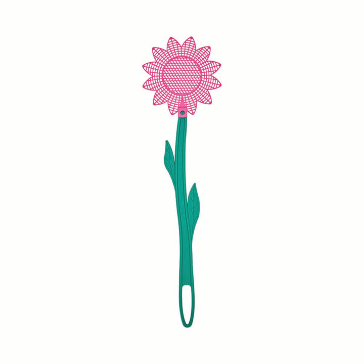 Flower-shaped fly swatter with pink flower head and green stem on a white background