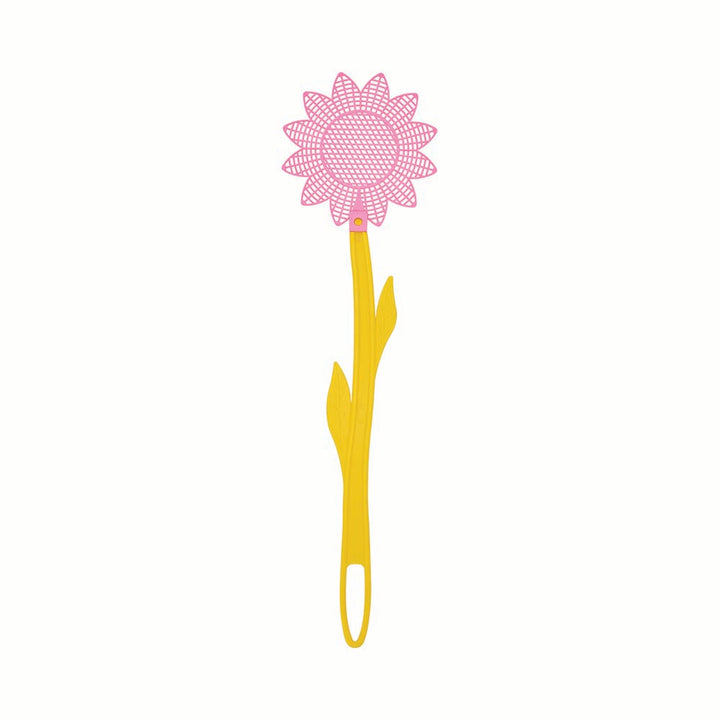 Flower-shaped fly swat with pink flower head and yellow handle on a white background