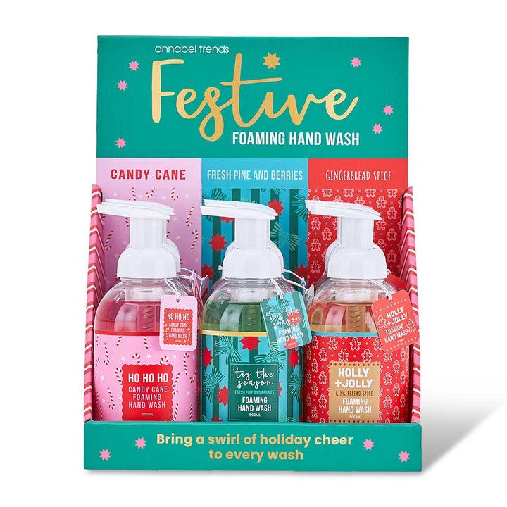 Packaging of festive foaming hand wash with three bottles on a colorful background