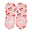 Pair of pink fuzzy booties socks with red cherry pattern on a white background