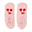 Pair of pink fuzzy socks with red cherry designs on a white background