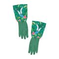 Green gloves with tropical leaf pattern on a white background