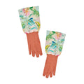 Pair of gardening gloves with floral cuffs on a white background