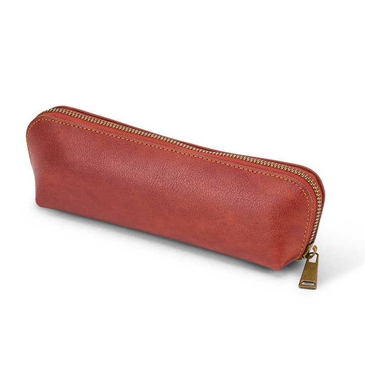 Brown leather mens toiltery case with gold zipper on a white background