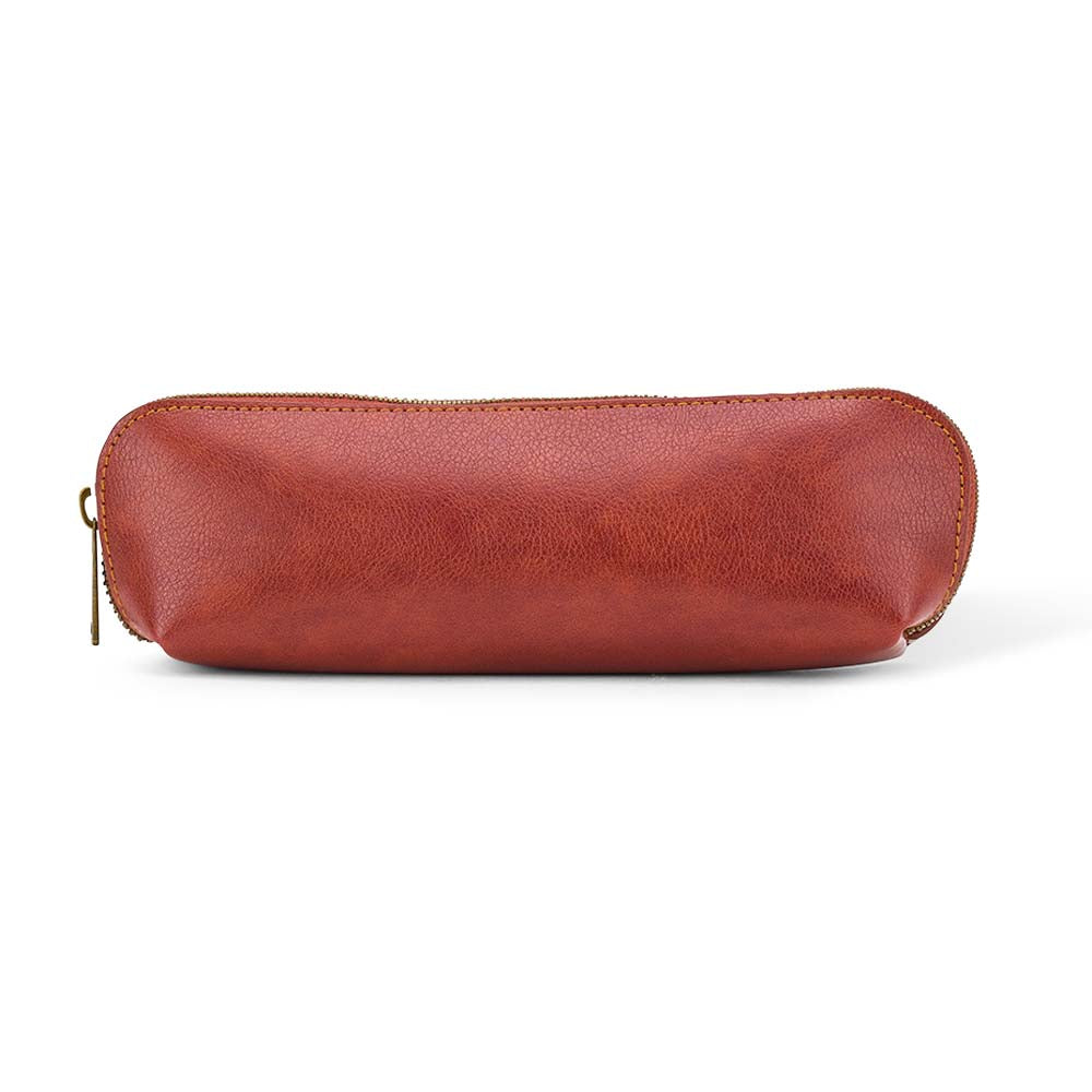Brown leather pouch with a gold zipper on a white background