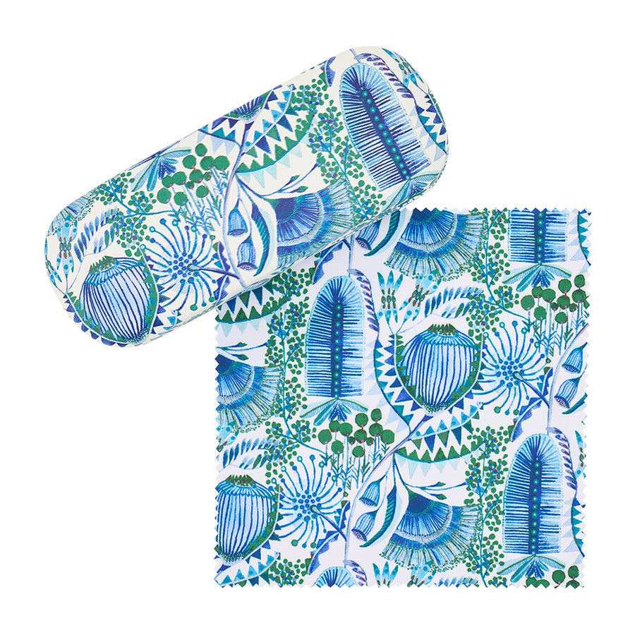 Green and blue floral Bush botanical on glasses case and cloth combo
