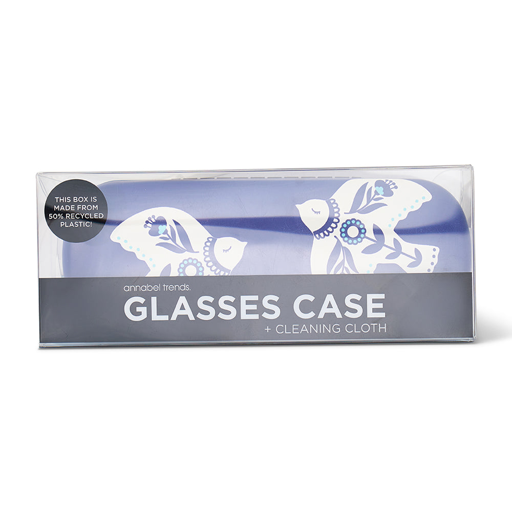 Packaged glasses case with cleaning cloth on a white background