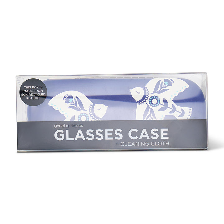 Packaged glasses case with cleaning cloth on a white background