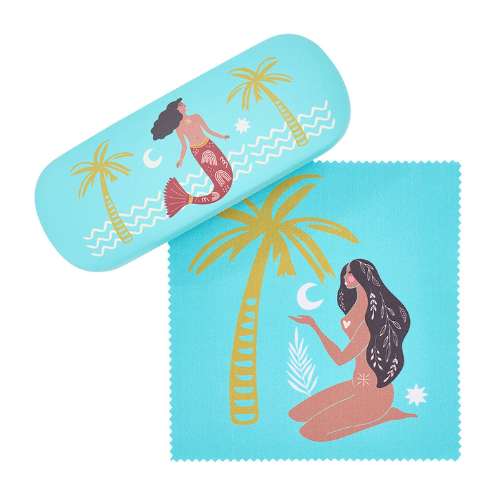 Glasses case and cloth with mermaid and palm tree designs on a white background