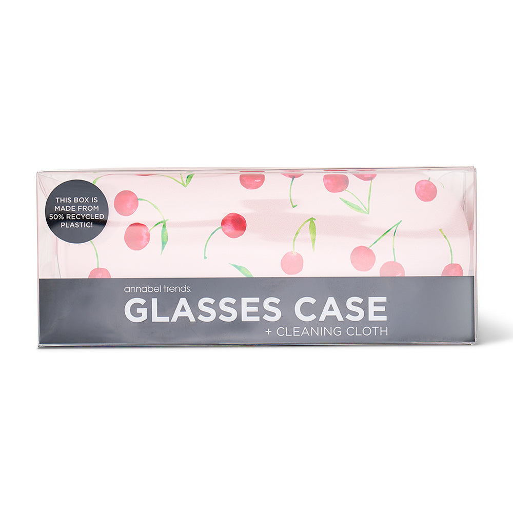 Glasses case packaging with cherry design on a white background