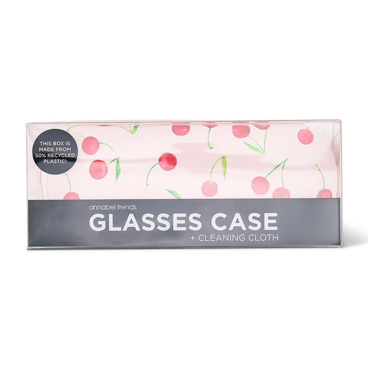 Glasses case packaging with cherry design on a white background