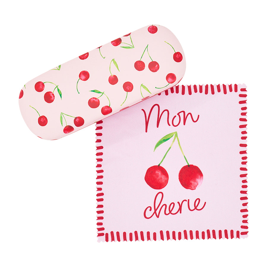 Pink sunglasses case with cherry design and 'Mon Cherie' text on a white background and matching cloth