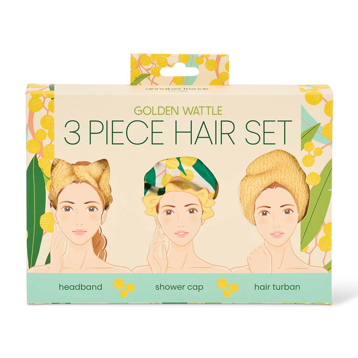 Packaging of a 3-piece hair set with illustrations of a headband, shower cap, and hair turban.
