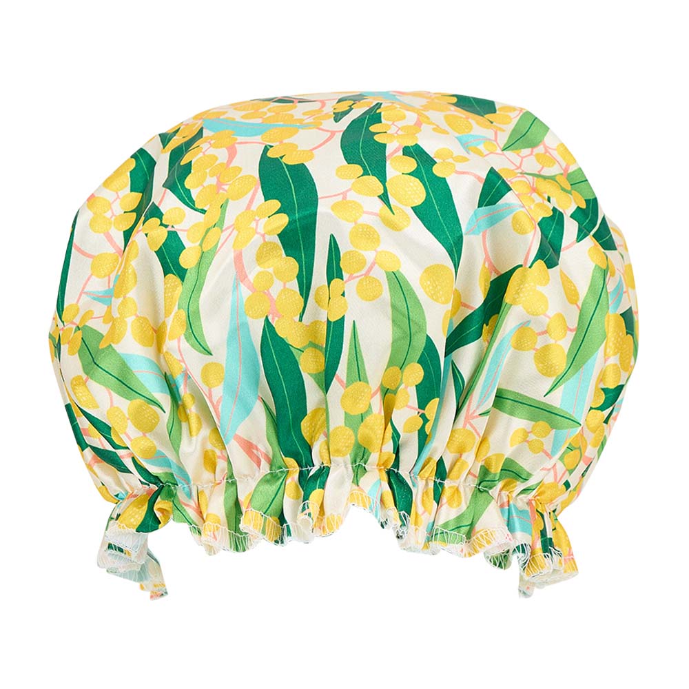 Floral-patterned shower cap on a white background