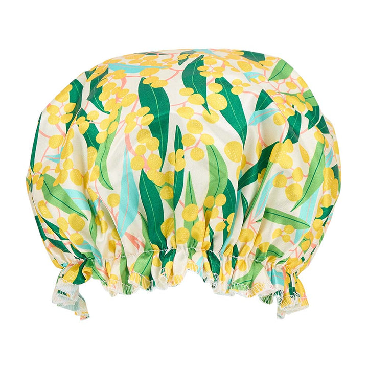 Floral-patterned shower cap on a white background