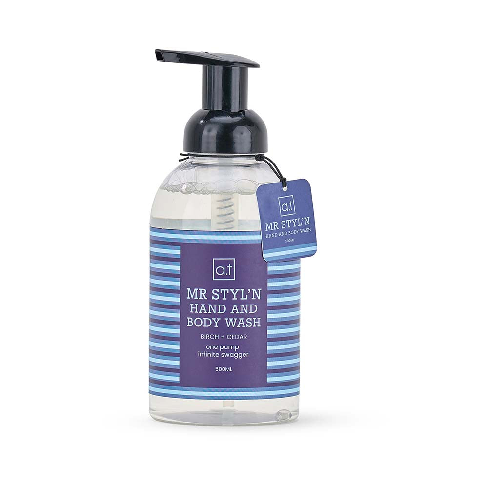 Hand and body wash bottle with pump and purple label on a white background
